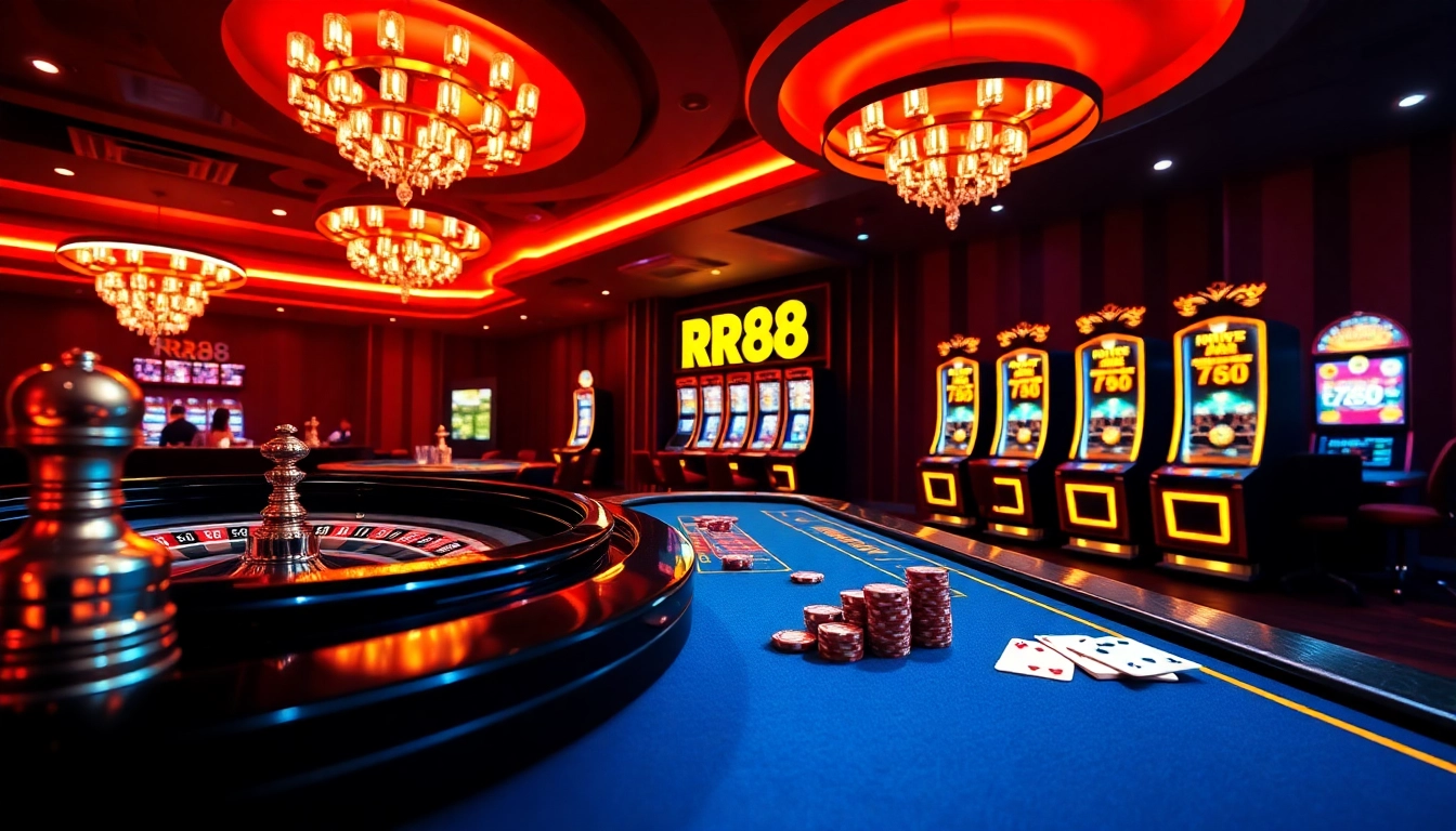 RR88 offers an exciting gaming experience with a modern casino setup featuring roulette, poker, and vibrant slot machines.