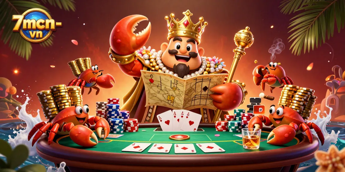Engage with vibrant poker action at 7mcn-vn featuring a golden crab emperor and treasure map elements.