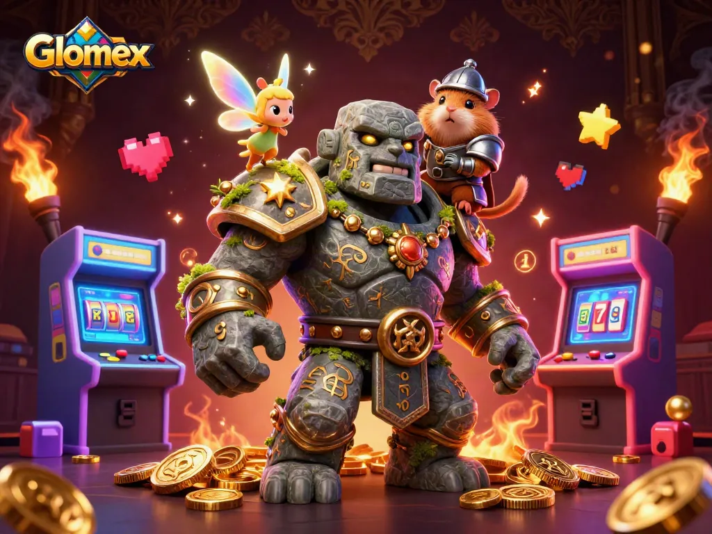 Engage with Glomex's dazzling casino adventure featuring a stone guardian and gaming elements.