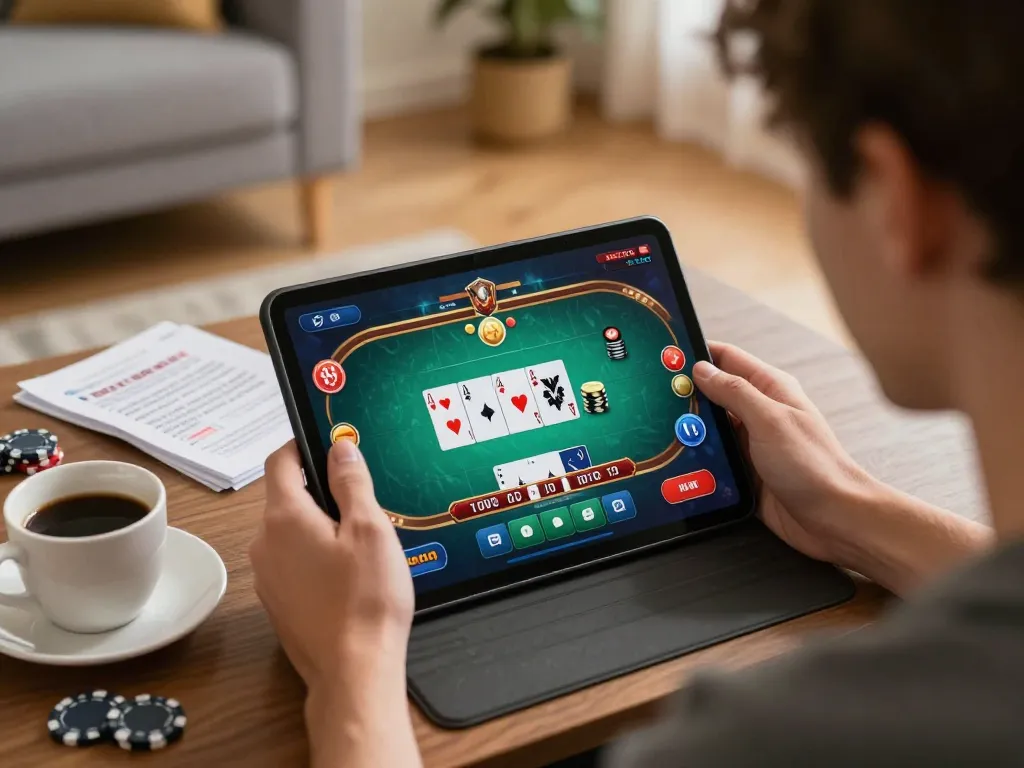 Player strategizing on tg88 online casino app with poker cards in a cozy setting