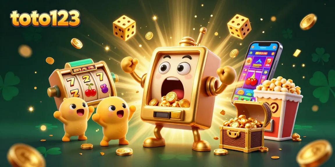 Experience the excitement of winning on toto123 with a golden slot machine jackpot amidst vibrant casino elements.