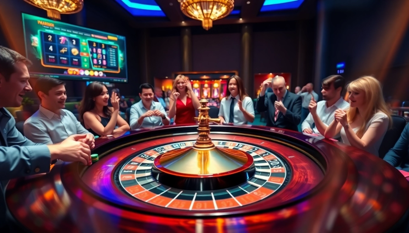 Experience the thrill at 66slots8 com with vibrant casino action featuring a roulette table and excited gamblers.