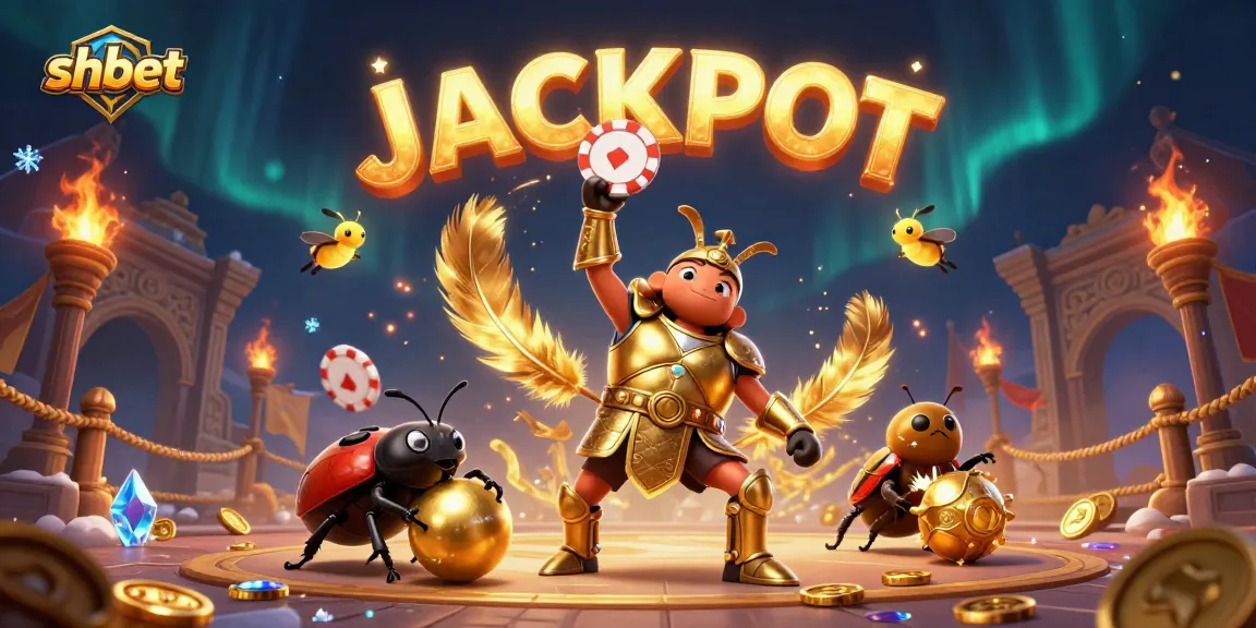 Join the excitement at SHBET as a heroic beetle lifts a poker chip, celebrating a jackpot!