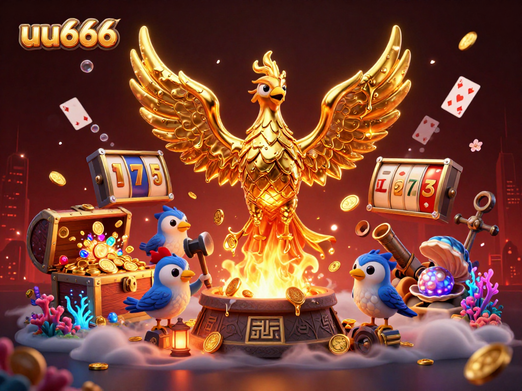 Spin and win with uu666's golden phoenix, uncovering slot treasures amidst vibrant casino elements.