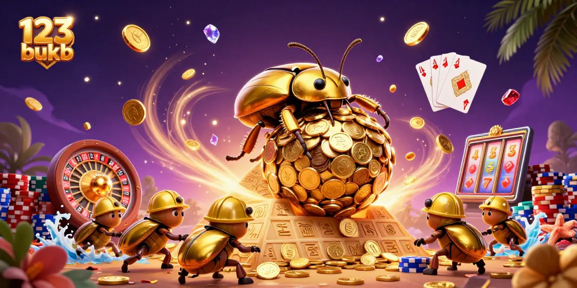 Spin and win at 123bukb with stunning gameplay, featuring golden beetles and jackpot reels.