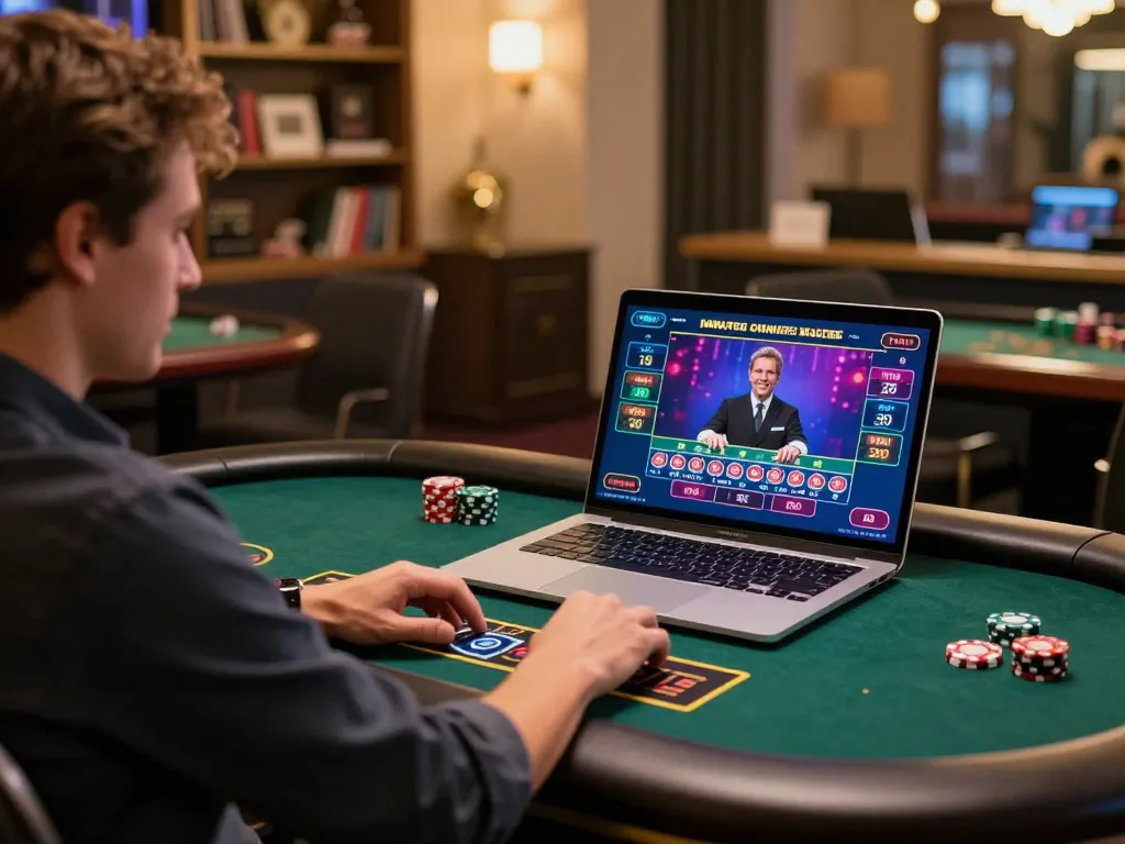 Engaging with live dealer roulette game at king33, showcasing vibrant screen and cozy gaming setup