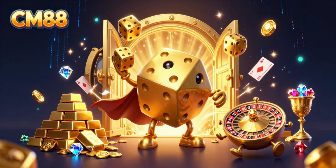 CM88 showcases a dazzling 3D scene with golden dice and treasure elements, perfect for online gamers.