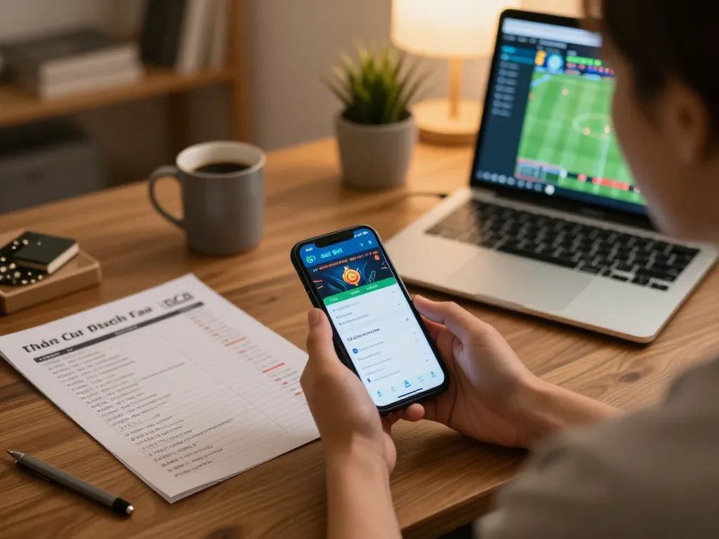Engaged player using the nhà cái 8xbet app on smartphone with strategic gaming items around
