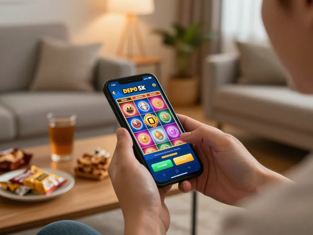 Player spinning the reels on slot depo 5k mobile app, enjoying responsible gaming at home.