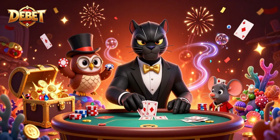 Engage with DEBET at a vibrant poker table featuring a stylish panther, an owl, and a lucky mouse.