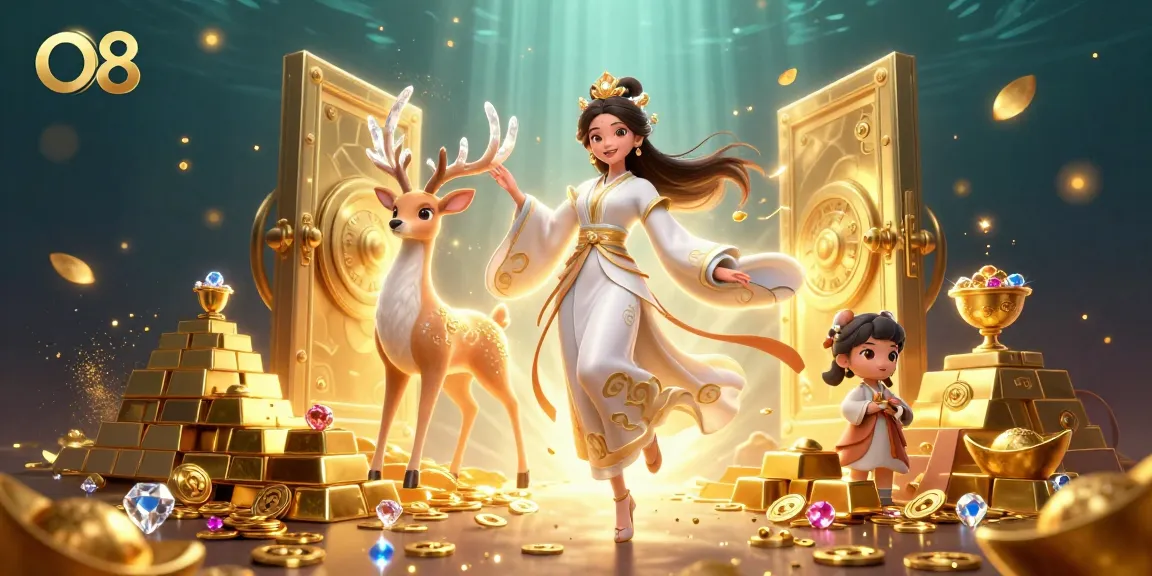 Experience thrilling wins at O8 with vibrant casino elements and enchanting characters.