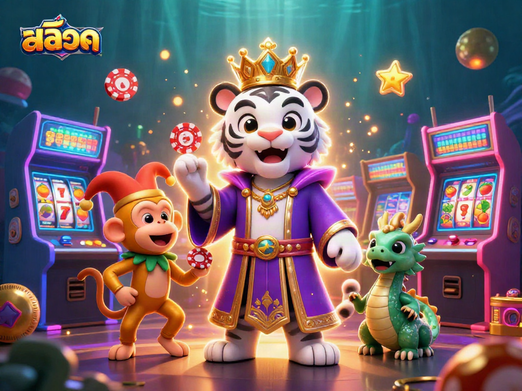 Experience thrilling สล็อต action with vibrant characters and casino elements in a lively 3D illustration.