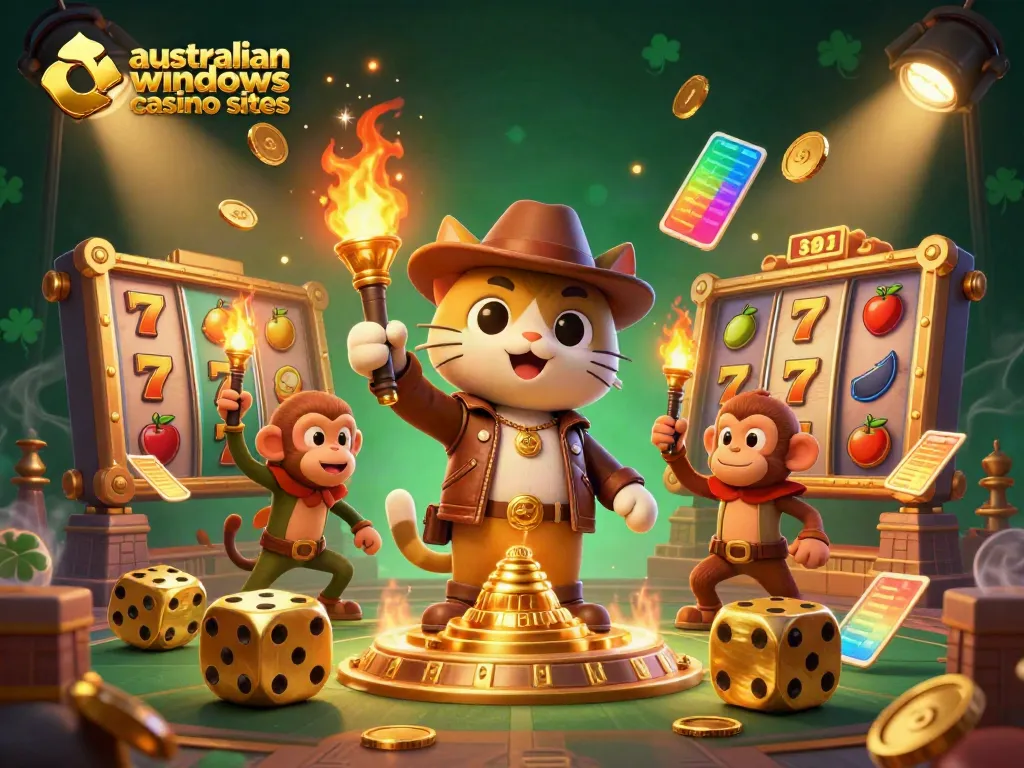 Engage with the adventure of australian windows casino sites featuring a cat archaeologist and vibrant slot game elements.