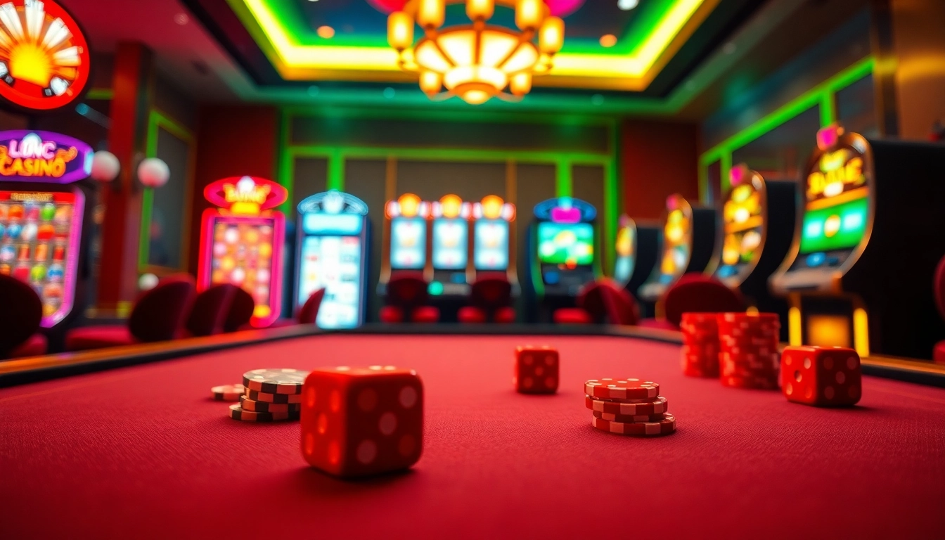 xocdia88 engaging online casino experience with vibrant poker chips and illuminated slot machines.