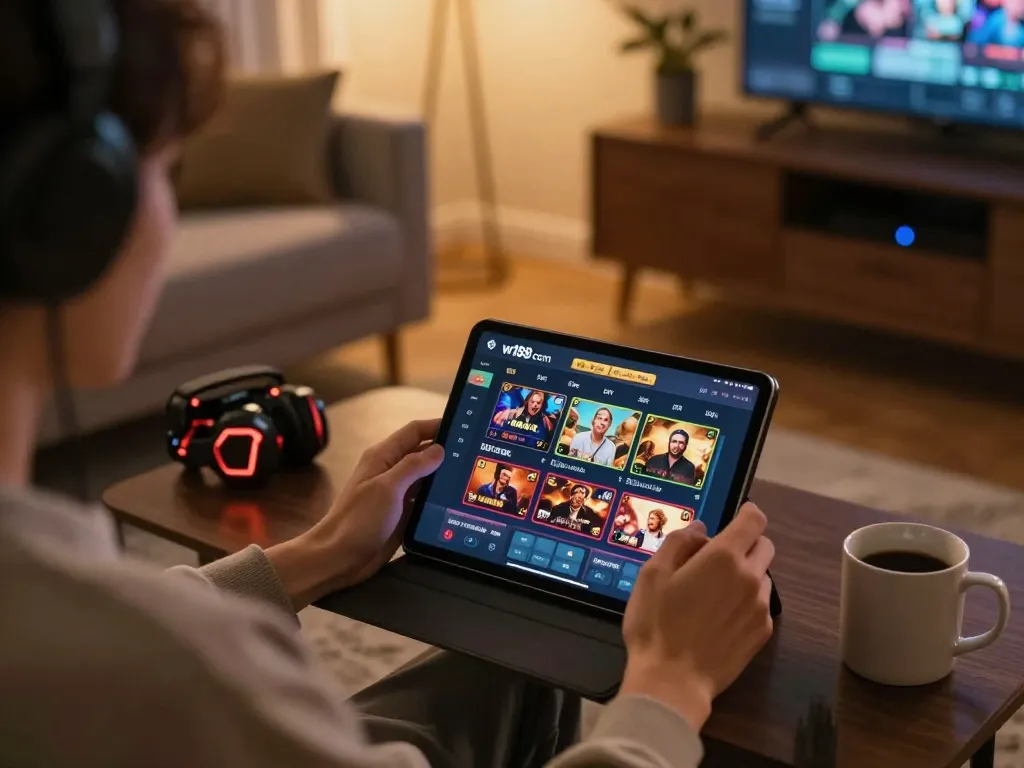 Engaging scene of user enjoying w188 com's online casino games on a tablet with cozy ambiance.