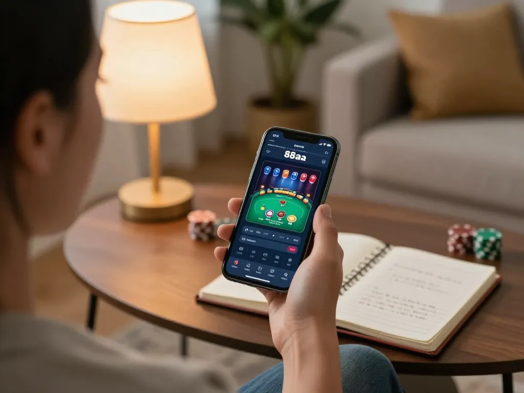 Engaging in online poker gameplay through the 88aa app in a cozy home setting.