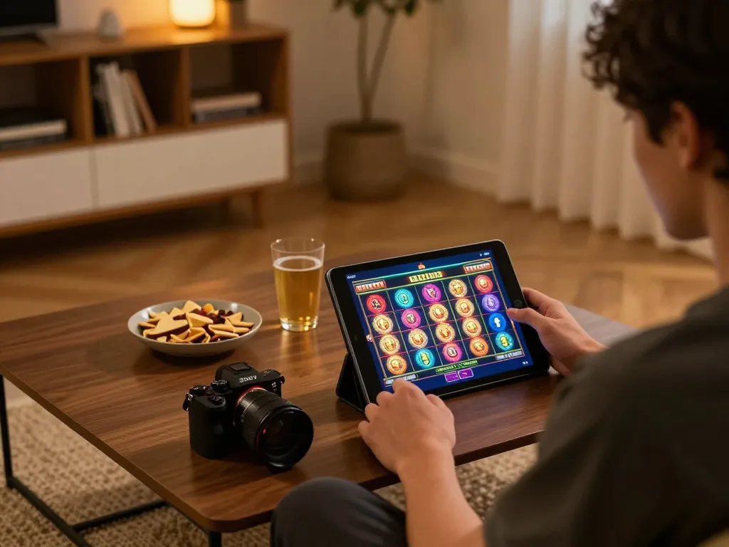Player enjoying UGDEWA online slot games on tablet in a cozy home setup.