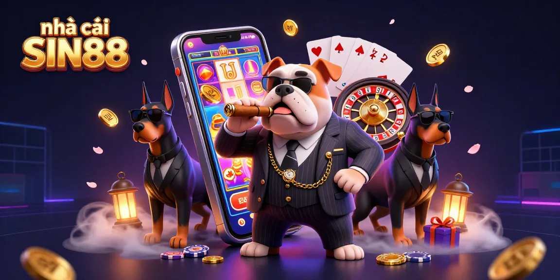 Experience thrilling action at nhà cái SIN88 with a vibrant 3D casino scene featuring an animated mafia bulldog.