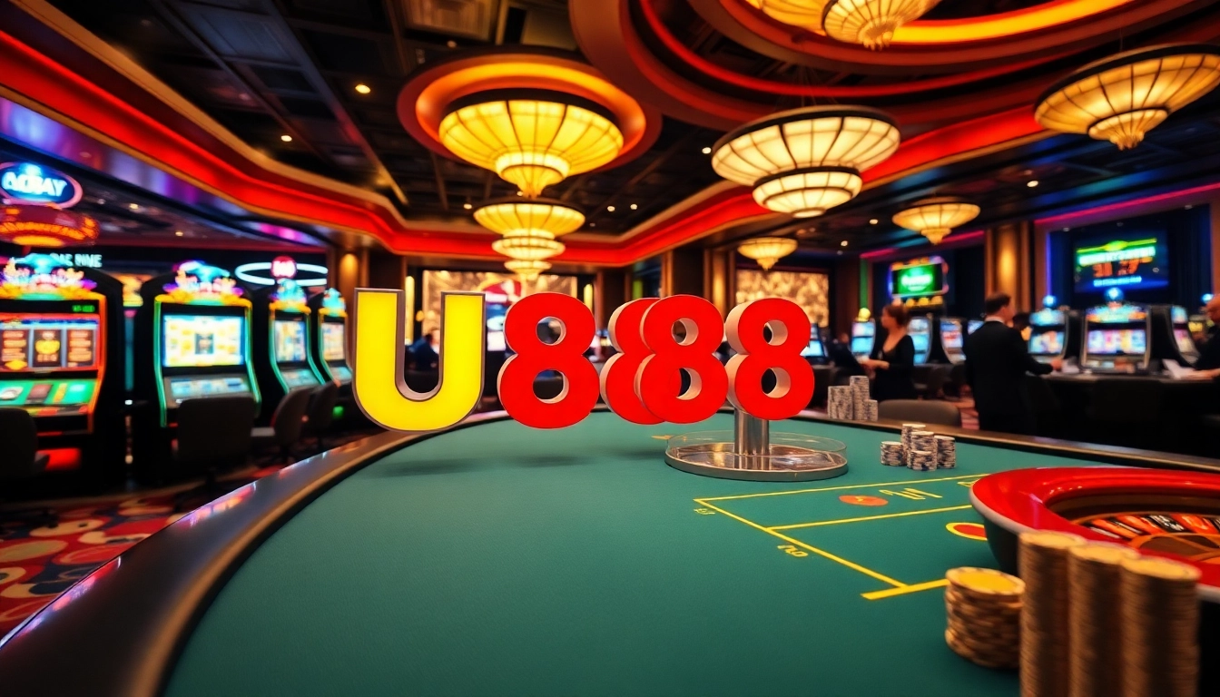 Experience the thrill of U888 gaming with vibrant casino tables and shining slot machines.