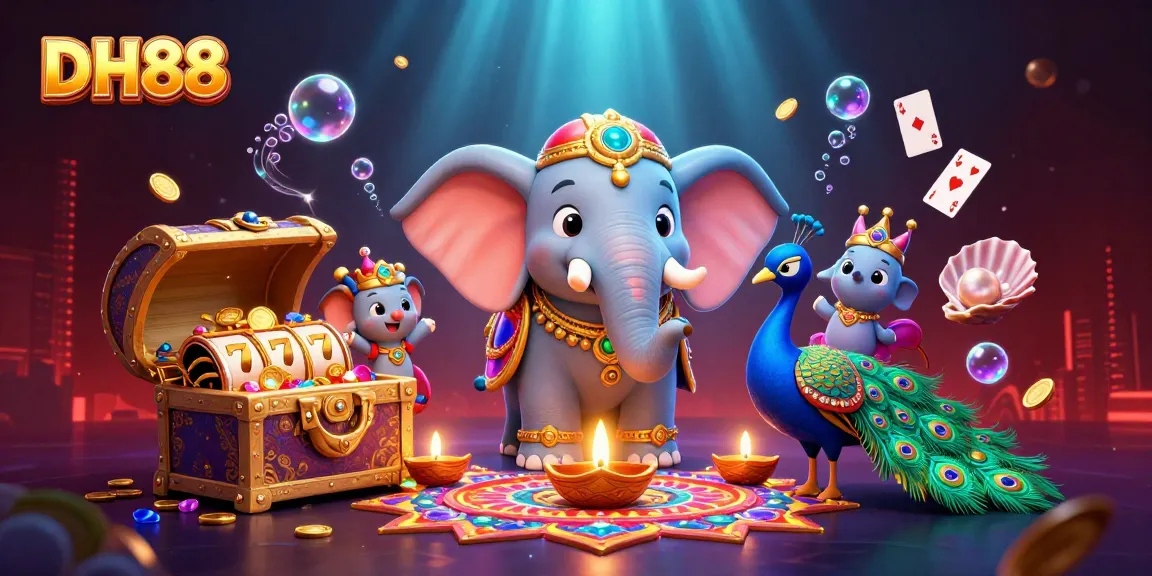 Experience the vibrant thrill of DH88 with a festive casino scene featuring jubilant characters and slot game elements.