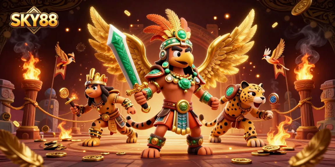 Experience exciting betting action on SKY88 with a fierce Aztec warrior and dynamic casino elements.