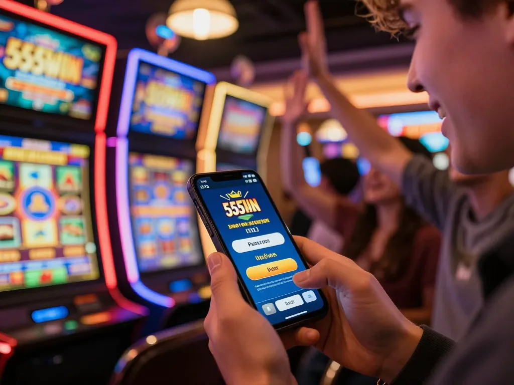 Celebrating a win using the app 555win, showcasing mobile gambling excitement