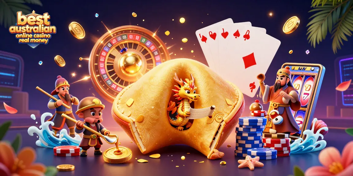 Engage with the best australian online casino real money showcasing a dazzling 3D casino scene filled with fortune symbols and gaming excitement.