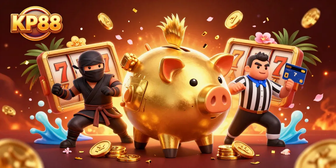 Experience thrilling gameplay at KP88 with vibrant slot reels and energetic characters.
