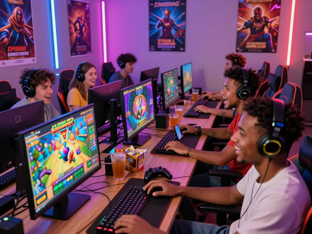Exciting gaming atmosphere with players enjoying zeus138 slot games on computers and mobiles in a vibrant setting.