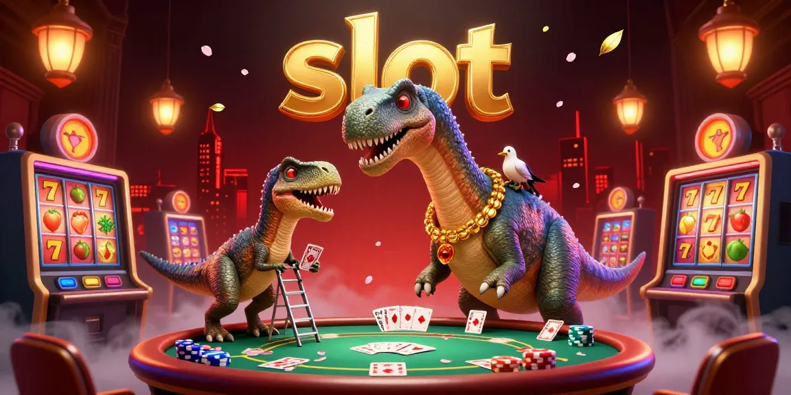 Spin the slot reels in a vibrant casino scene with a brontosaurus and a clever raptor.