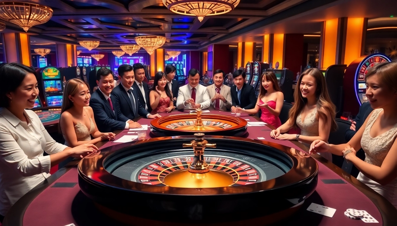 Engaging players enjoy a thrilling baccarat game at LC88 with vibrant casino elements.