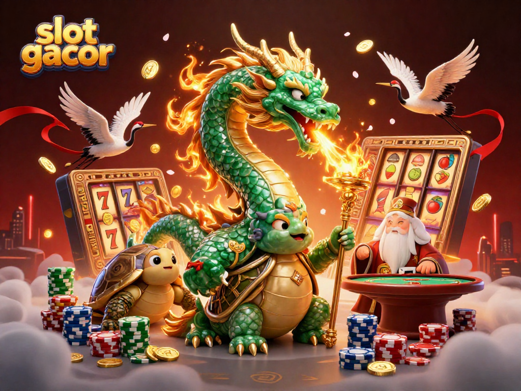 Menggandakan slot gacor dengan simbol keberuntungan dan karakter berwarna-warni di dunia kasino.