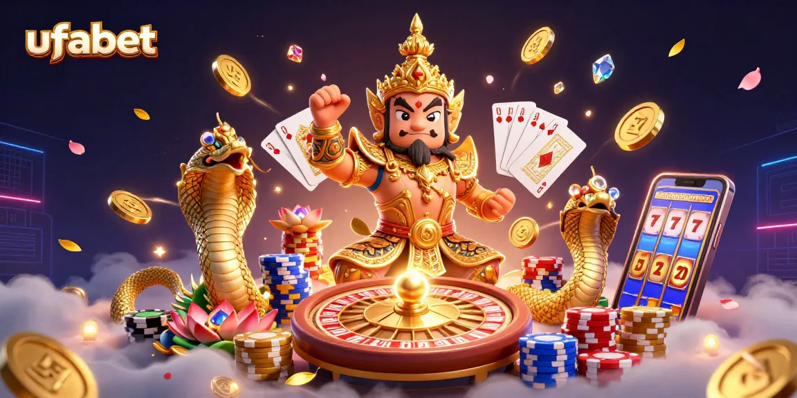 Engage in winning strategies with ufabet, featuring vibrant casino elements and Thai temple guardian charm.