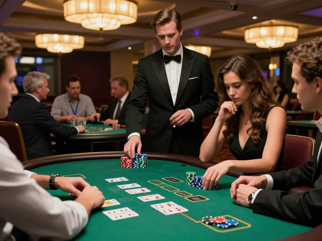 Engaged player strategizing during a blackjack game at a lively casino while enjoying ดูหนังออนไลน์ฟรี.