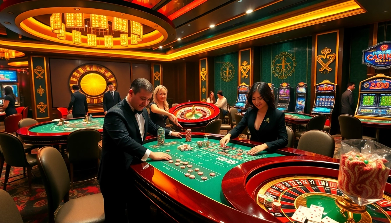 Experience the thrill of vn88 with players engaging at casino tables filled with chips and cards.