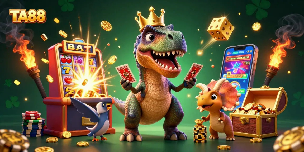 TA88 T-Rex shuffling cards with gold chip stacking triceratops and pterodactyl in casino scene.