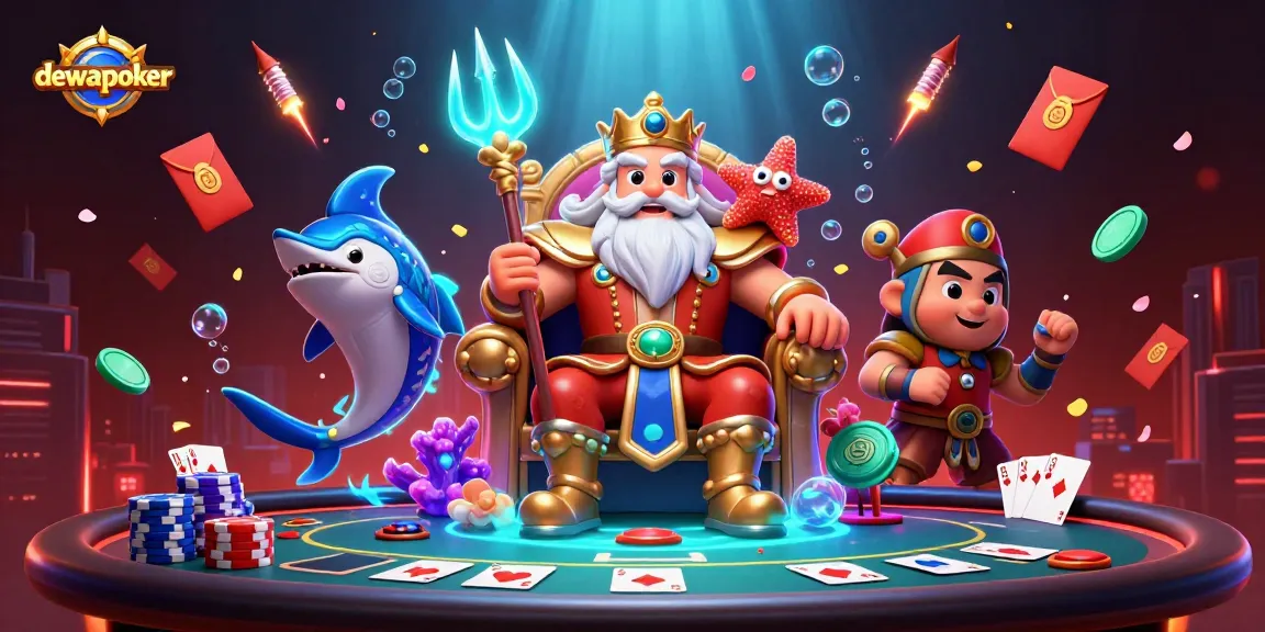 Dewapoker invites players to strategic poker challenges under a whimsical underwater scene filled with vibrant game elements.