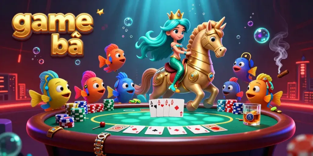 This dynamic scene showcases game bài action with the vibrant mermaid and seahorse at a casino poker table.