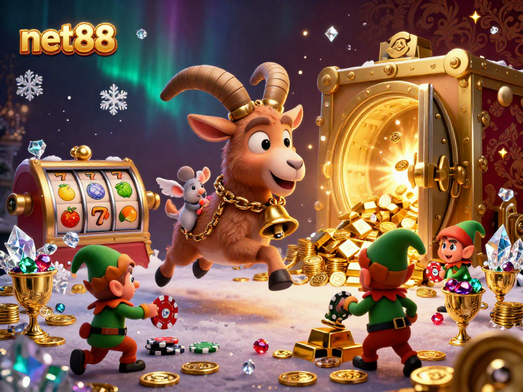 Experience the thrill of net88 with a festive casino scene featuring a Krampus goat and mischievous elf gremlins.