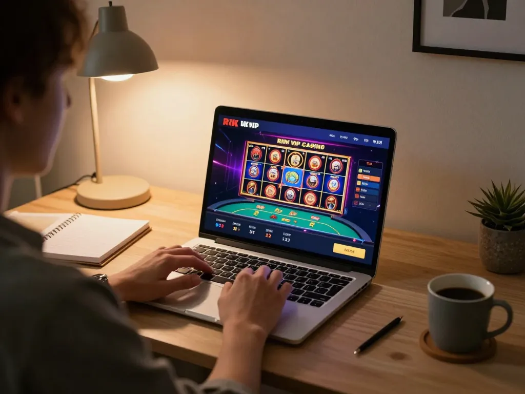 Enjoying the rik vip casino platform on a laptop in a cozy home gaming setup.