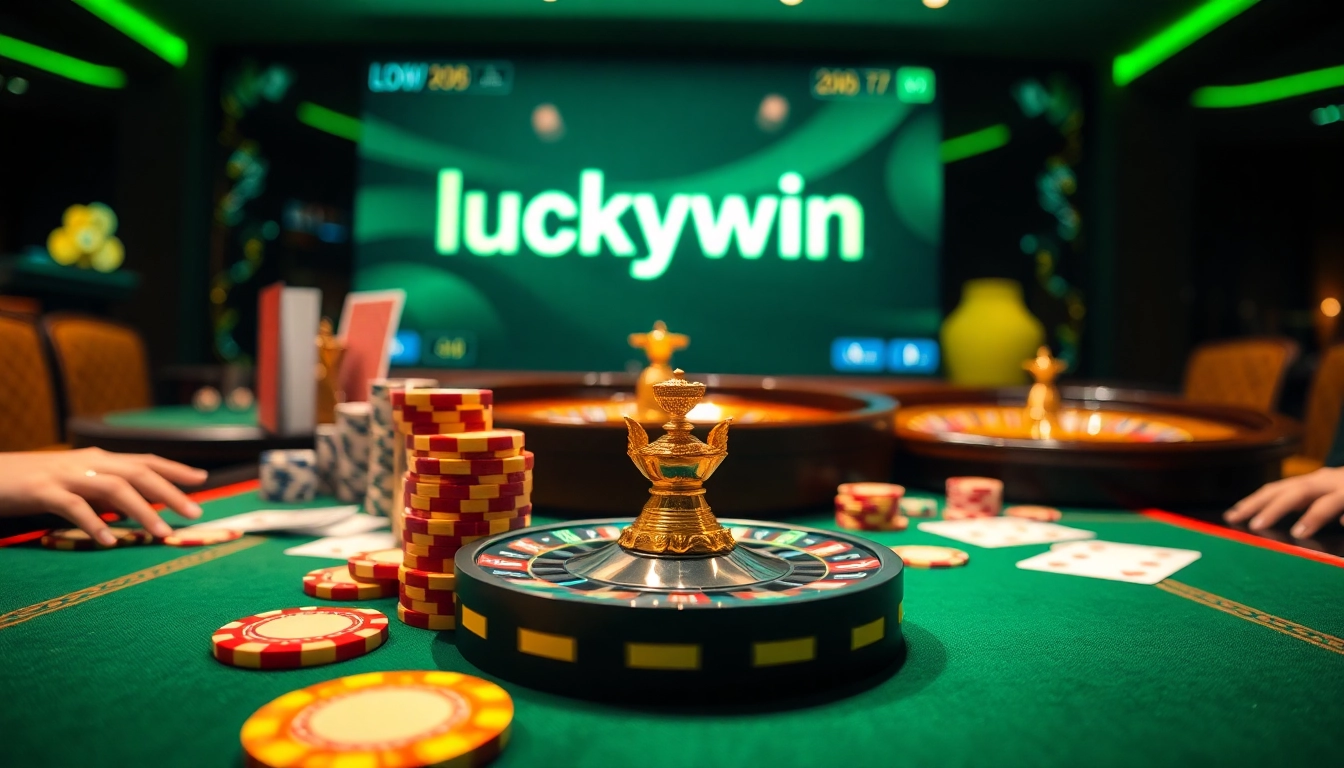 Players enjoying a winning moment at a luckywin casino table featuring vibrant chips and cards.