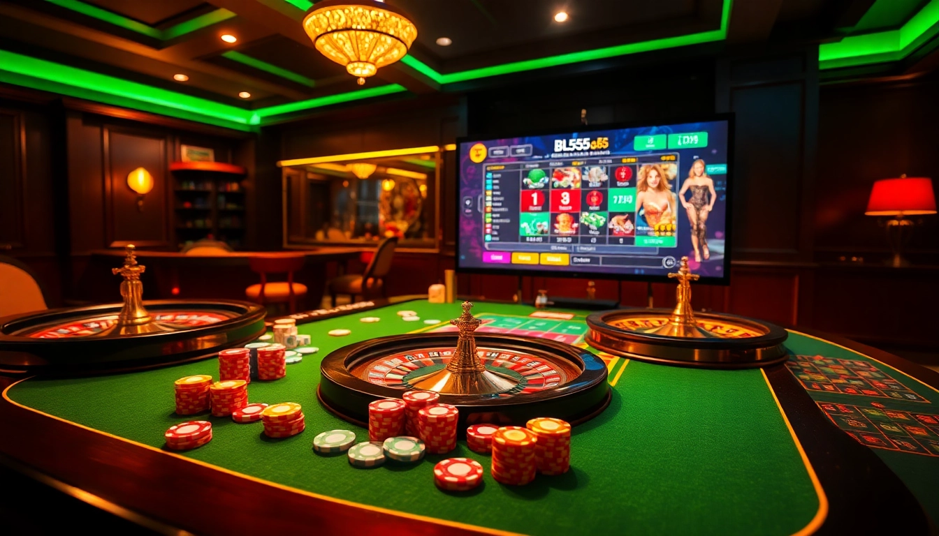 Experience the excitement of gambling at Trang chủ BL555 with vibrant casino elements like chips and cards.