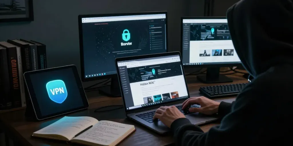 An individual exploring the Hidden Wiki on the dark web using a laptop, surrounded by security tools and a privacy-focused atmosphere.