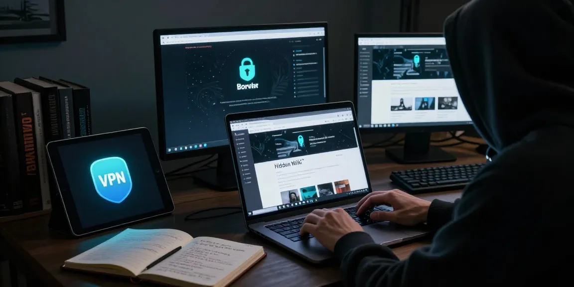 An individual exploring the Hidden Wiki on the dark web using a laptop, surrounded by security tools and a privacy-focused atmosphere.