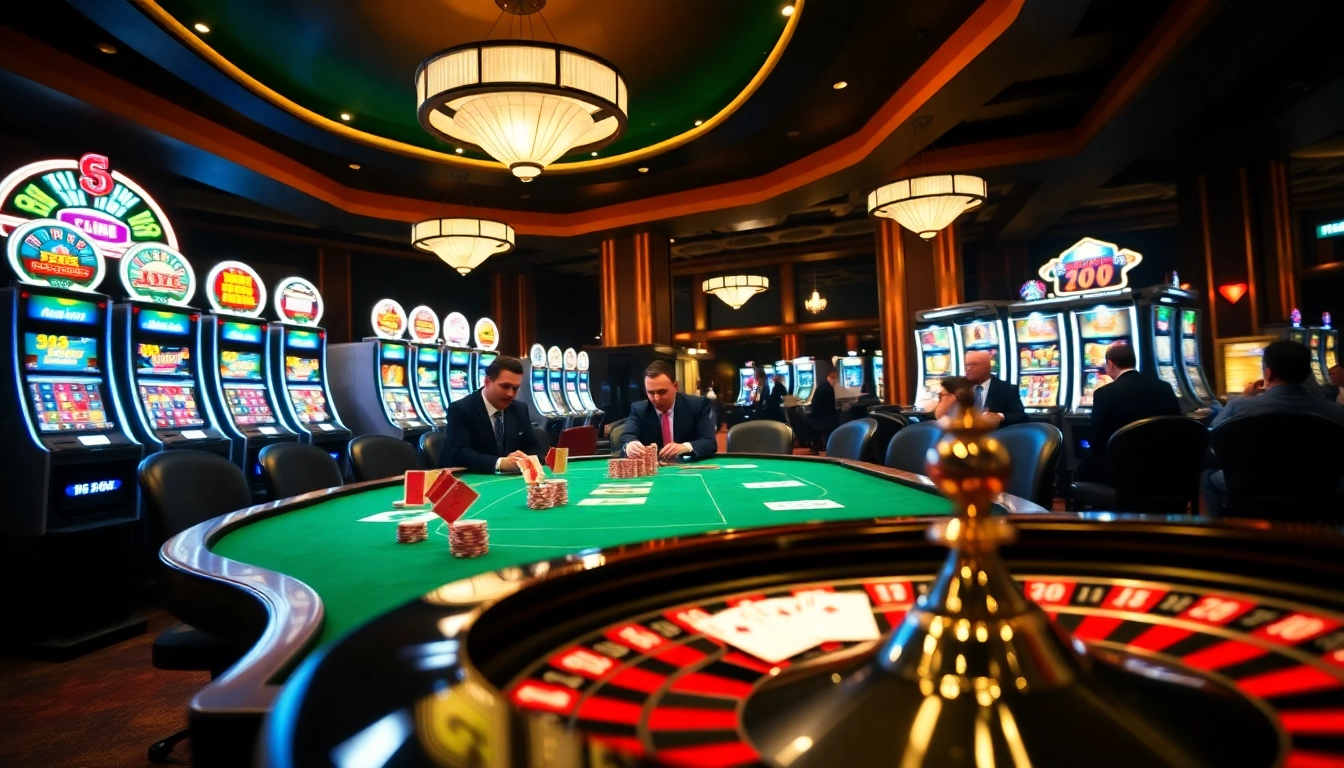Players enjoying poker at 789CLUB, surrounded by vibrant slot machines and a spinning roulette wheel.