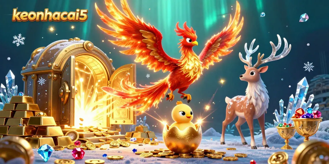 Experience the thrilling action of keonhacai5 with a vibrant 3D phoenix scene filled with treasures.