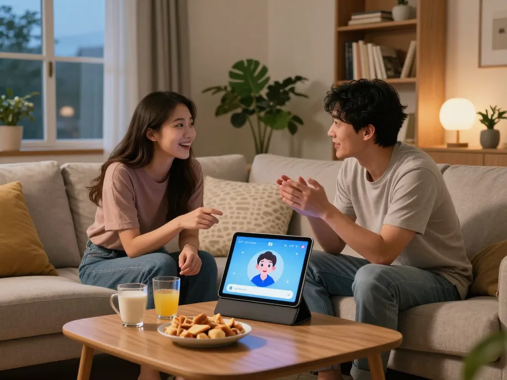 Couple enjoying 18+ AI chat in a cozy living room setting with intimate atmosphere.
