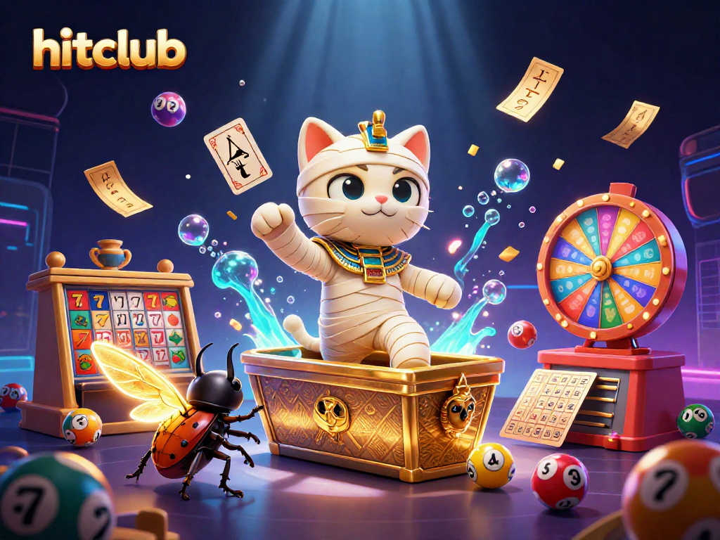 Play action at hitclub with a cartoon mummy cat and golden elements in a vibrant casino scene.