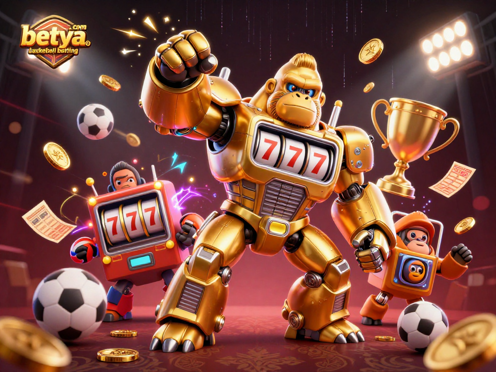 Engage in exhilarating betya.com basketball betting with a dynamic 3D illustration of a golden gorilla mech and sports elements.