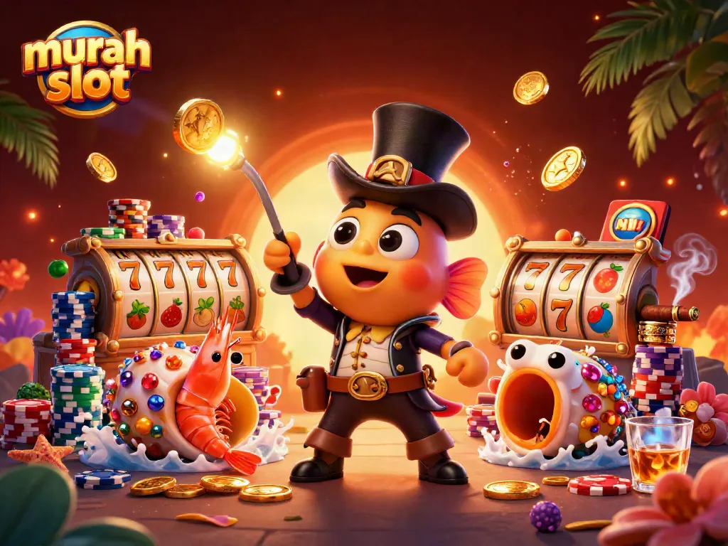 Menghadirkan suasana meriah dengan permainan murah slot dan simbol keberuntungan, ilustrasi 3D yang menarik.